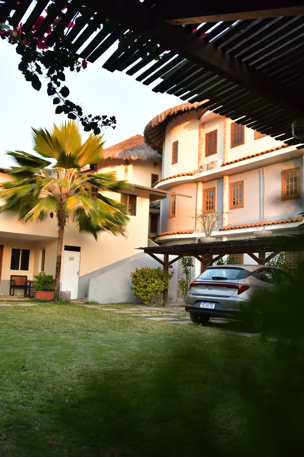 Jardim gramado com palmeira e pergolado de madeira do hotel